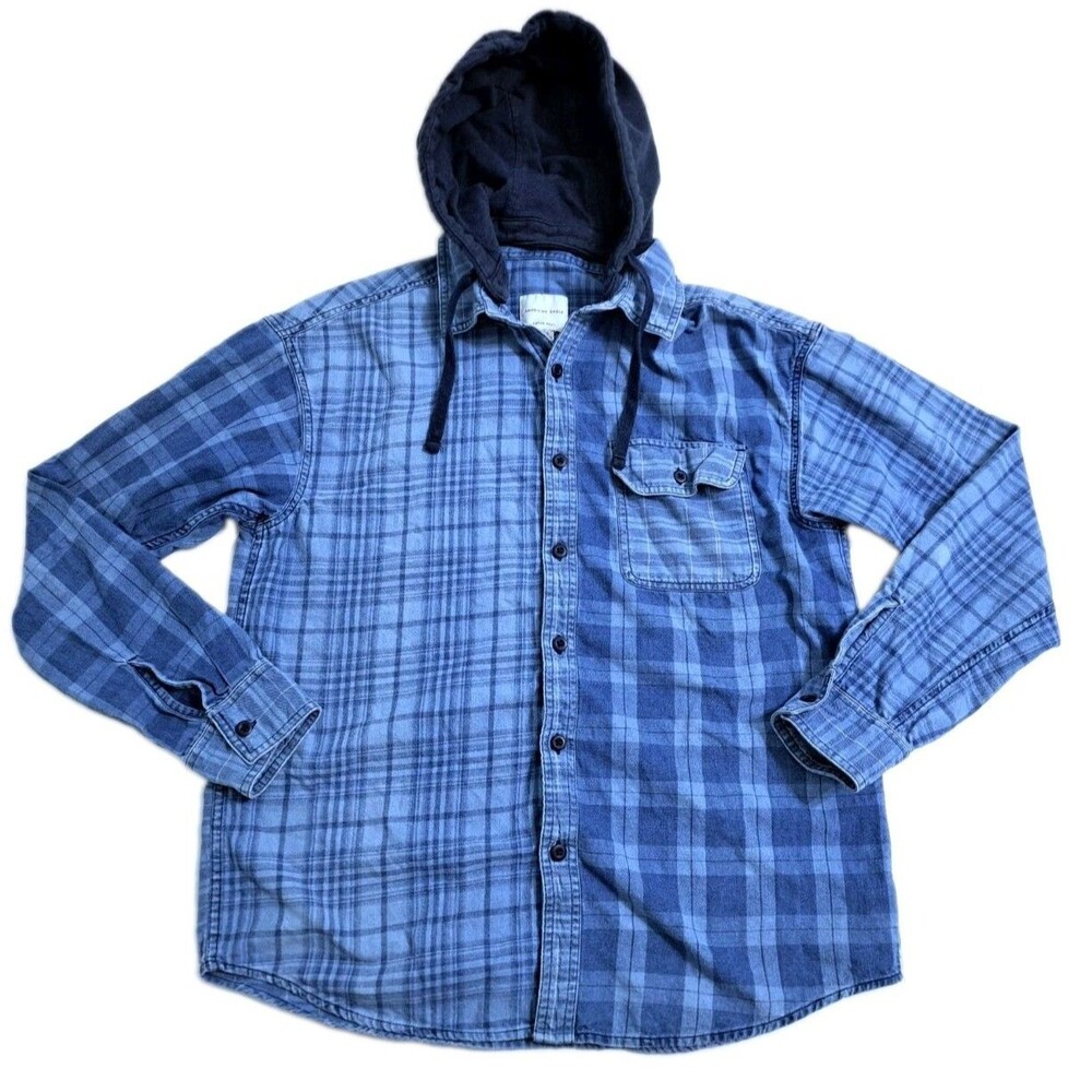 American Eagle Men's Medium Flannel Hoodie Button Up Shirt Plaid Shirt Blue